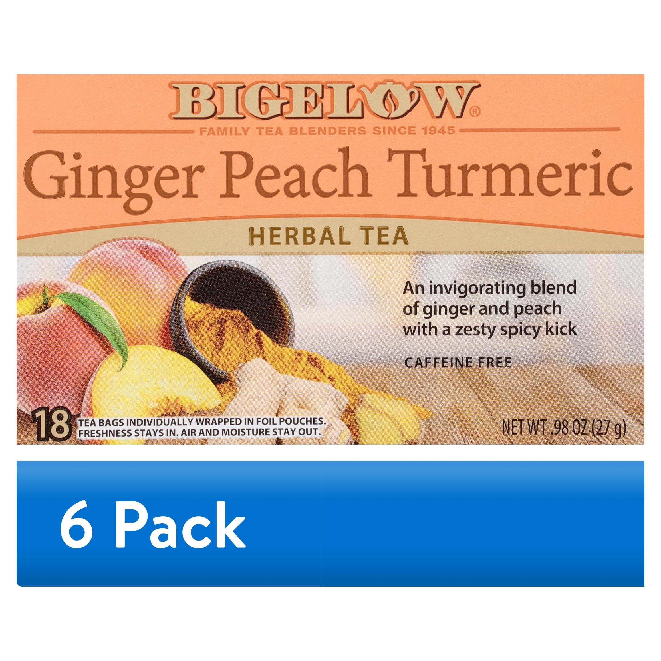 (6 pack) Bigelow Ginger Peach Tumeric, Caffeine Free, Herbal Tea Bags, 18 Count