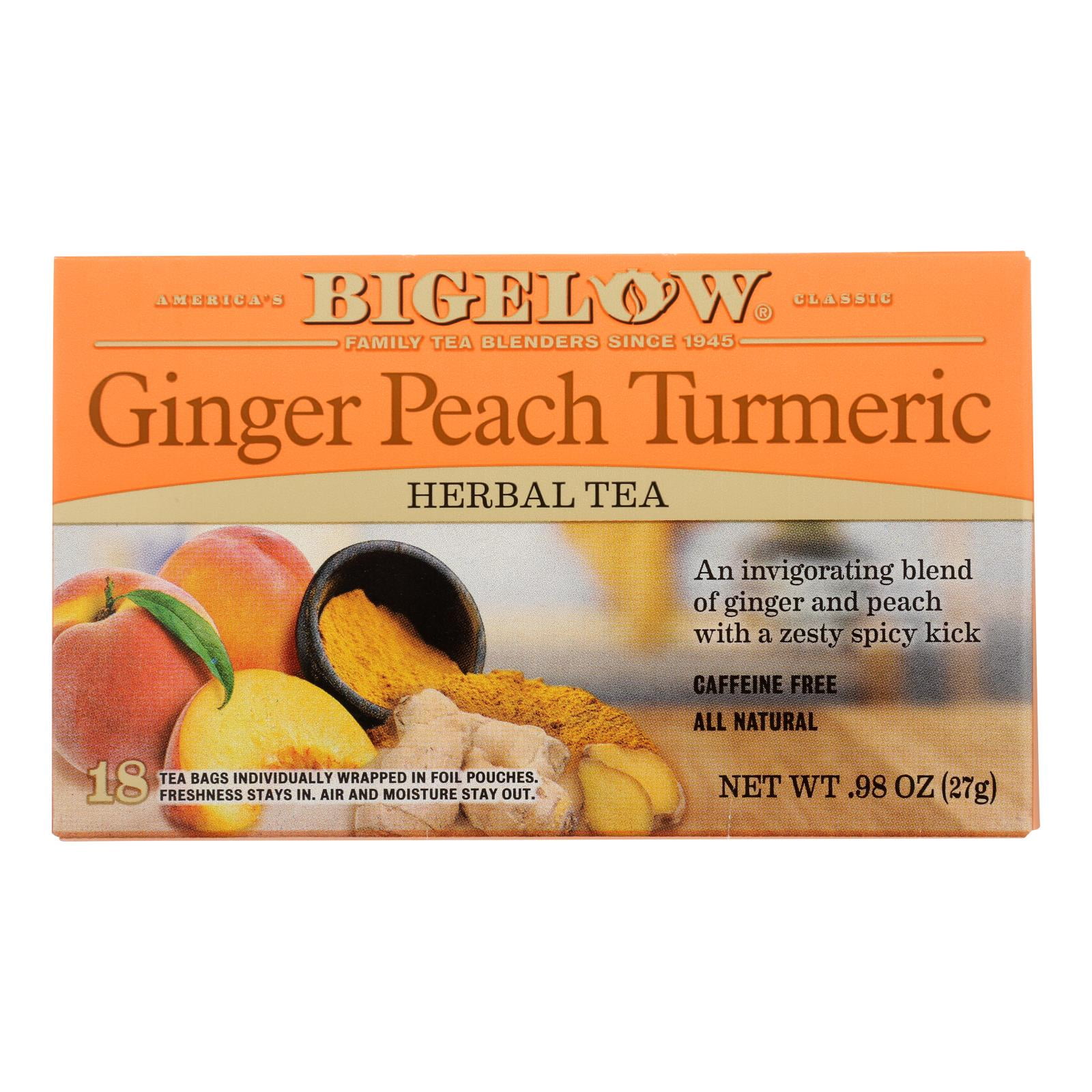 Bigelow Tea Ginger Peach Turmeric Herbal Tea Bags, 18 Count Box (Pack of 6) Caffeine-Free Herbal Tea, 108 Tea Bags Total