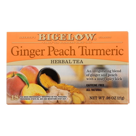 Bigelow Tea Ginger Peach Turmeric Herbal Tea Bags, 18 Count Box (Pack of 6) Caffeine-Free Herbal Tea, 108 Tea Bags Total