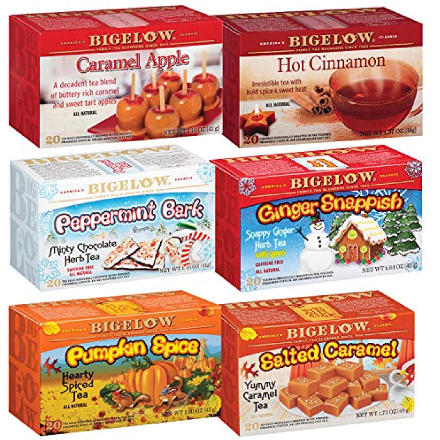 Bigelow Tea Harvest & Holiday Seasonal 6 Flavor Variety Pack, 20 Count Box (Pack Of 6), 120 Tea Bags Total