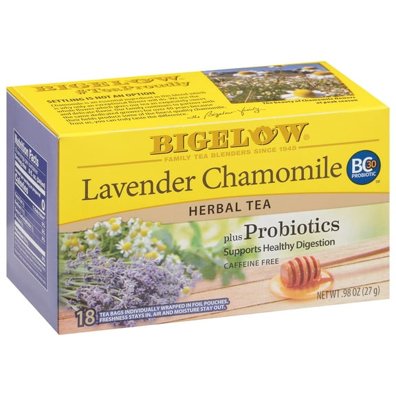 Bigelow Tea Lavender Chamomile Plus Probiotics Herbal Tea, Caffeine Free with Lavender Chamomile, 18 Count Box (Pack of 6), 108 Total Tea Bags
