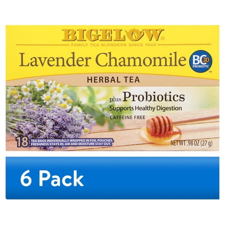 (6 pack) Bigelow Lavender Chamomile Plus Probiotics, Caffeine Free, Herbal Tea Bags, 18 Count