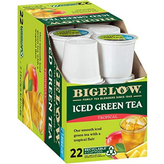 Bigelow Unsweetened Iced Tropical Green Tea Keurig K Cup Pods, 22 Count Box (Pack Of 4) Caffeinated 88 K Cup Pods Total