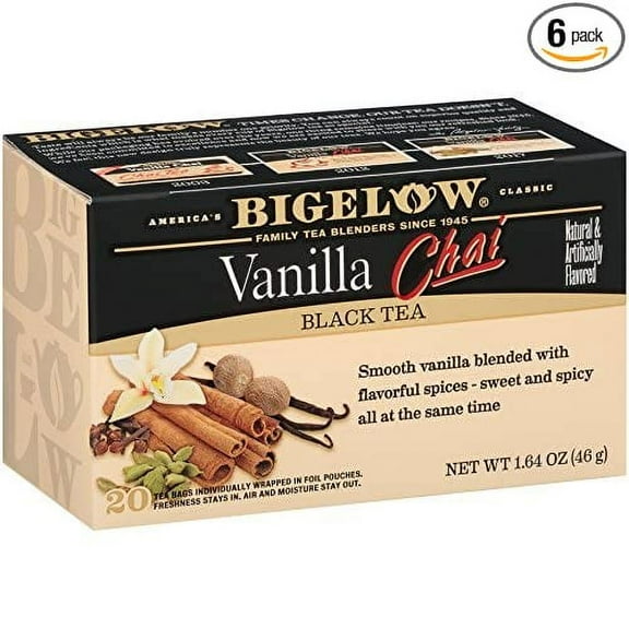 Bigelow Vanilla Chai Tea Bags 20-Count Boxes (Pack of 6), 120 Tea Bags Total. Caffeinated Individual Black Tea Bags, for Hot Tea or Iced Tea, Drink Plain or Sweetened with Honey or Sugar