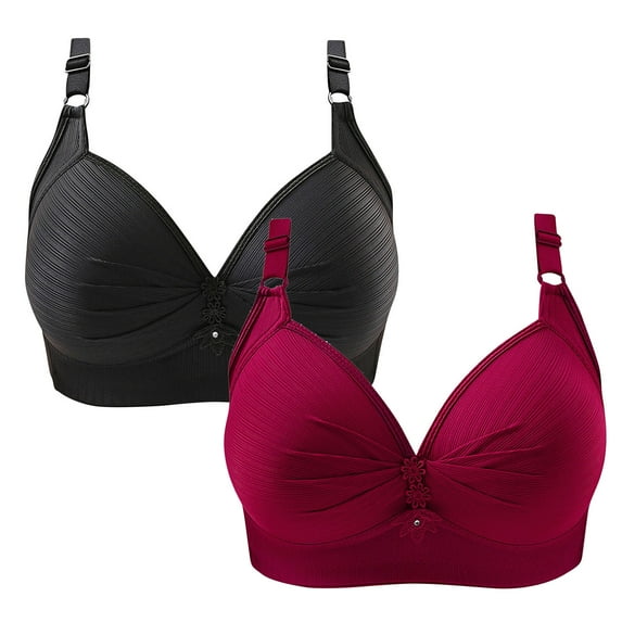 Bigersell 2 Pack Bras for Women Plus Size Full-Coverage Wireless Bras Ladies Push up Bras No Underwire Female Full Figure Padded Bra Style-D44, Comfortable Soft Wire-Free Bras S-1-Wine 44B