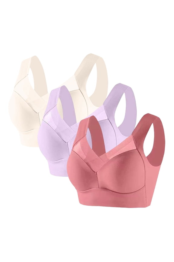 3 Pack Wireless Bras for Women Plus Size Seamless Mesh Padded Push up Bras No Underwire Comfort Strap V-Neck Sports Bra Watermelon Red XL