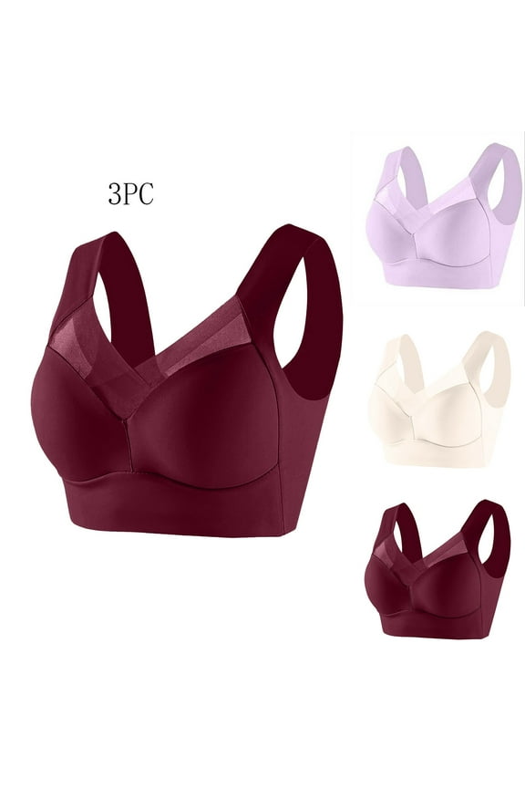 3 Pack Women Pullover Bras, Seamless Push up Wireless Bras, Comfort Strap Mesh V-Neck Padded Bras Back-Smoothing Pull On Sports Bra Purple L