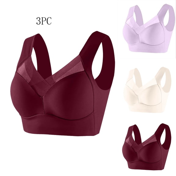 Bigersell 3 Pack Women Pullover Bras, Seamless Push up Wireless Bras, Comfort Strap Mesh V-Neck Padded Bras Back-Smoothing Pull On Sports Bra Purple L