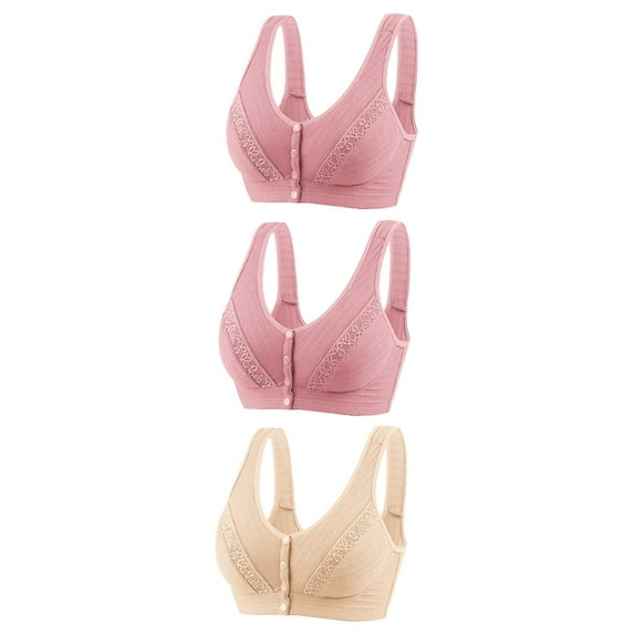 Bigersell Athletic Sports Bra 3pc Front Snap Closure Wire-Free Bra Support Full Figure Bras Plus Size Wire-Free Bra Style R-131 Basic Bra Strap Nylon Back-Smoothing Everyday Bras Underwear Pink L