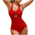 thumbnail image 1 of Bigersell Backless One-Piece Swimsuit for Women Front Ruched Keyhole V-Neck Bathing Suit Soft Padded Bras Cut Out 1 Piece Swimsuit Summer Beach Vacations Monokini Swimwear Red XL, 1 of 6