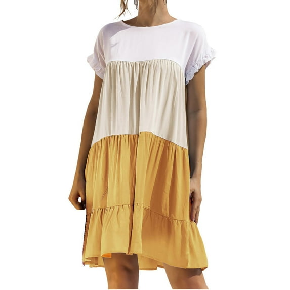 Bigersell Beach Dress Deals Female Crew Neck Short Sleeve Knee Length Sun Dress Dress Style D-5 Cute Dresses Ladies Regular Summer Dresses , Yellow M