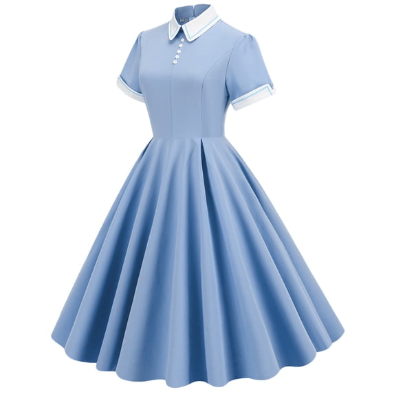 Bigersell Beach Dress Woman Fashion Solid Contrast High Neck Doll Collar Lapel Mid Length Dress Regular Boho Dress Style 4969, Female Knee Length Dresses Light Blue XXL