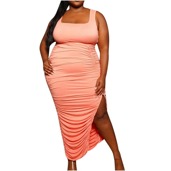 Bigersell Beach Dress Women's Summer Fashion Large Size Solid Color U-Neck Sleeveless Pleated Stretch Slit Dress Plus A-Line Dress Style 30669, Female Cropped Dresses 3XL