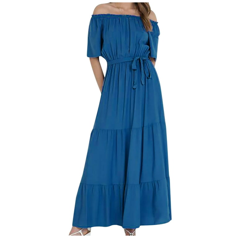 Bohemian Striped Patchwork Flounce Off the Shoulder A Line Dresses Bohemian Striped Patchwork Flounce Off the Shoulder A Line Dresses