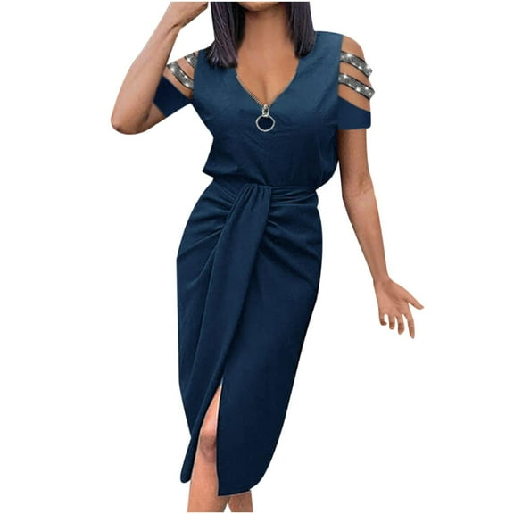 Bigersell Birthday Dress for Women Solid Color V Neck Off the Shoulder Short Sleeve Slit Dress Short Dresses Women's Plus Faux-Wrap Dresses, Style 23680, Navy S