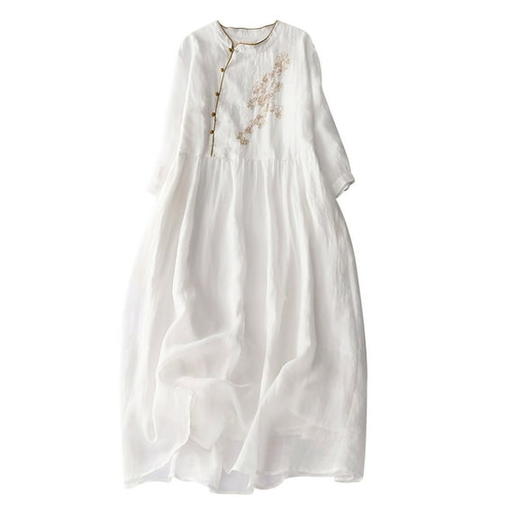 Bigersell Birthday Dresses for Women Summer Midi Summer Female V-Neck 3/4 Sleeve Midi Casual Dress Style D-156 Dresses Ladies 2024 Regular Summer Dresses , White XL
