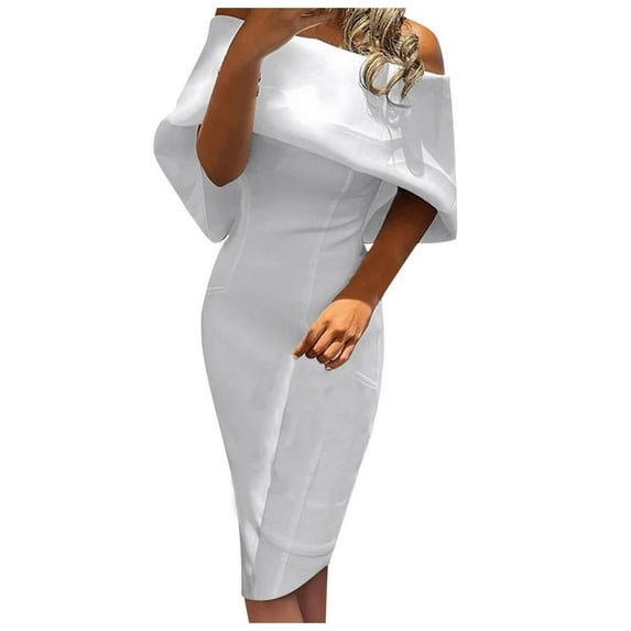 Bigersell Black Dresses for Women Fashion Off Shoulder Sleeveless Solid Color Zipper Prom Knee-Length Dress Women's Plus Bodycon Dress Style 27594, Female High Low Dresses White XXL