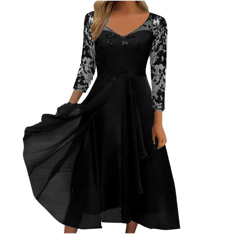 Bigersell Black Formal Dresses for Women Floral Lace V Neck 3/4 Sleeve  Black Midi Cocktail Dresses Mesh Waist Ruffle Pleated A-Line Wedding Guest 