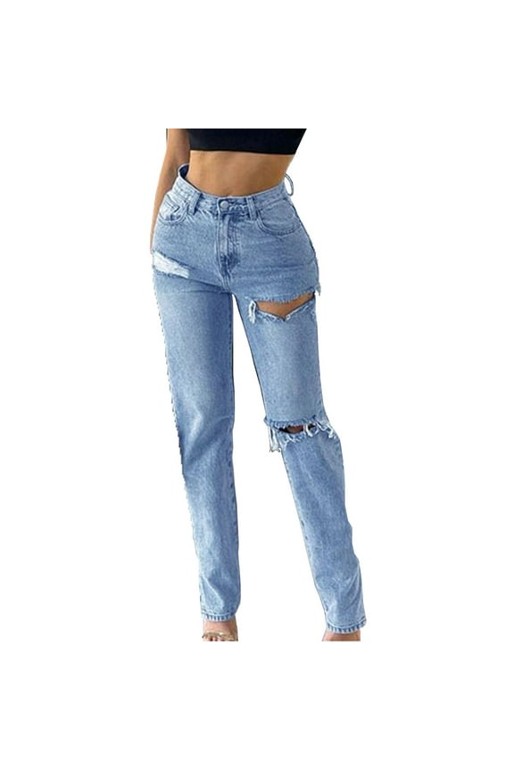 Black High Waisted Jeans Wide Leg Jeans Summer Straight Leg Jeans Ladies Boyfriend Denim Pants Button Closure Ripped Straight Leg Jeans Loose Mid Waist Long Pants Style J-133 Blue M