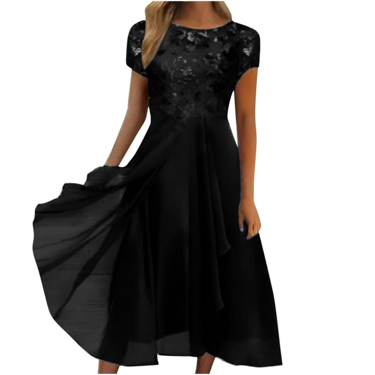Bigersell Black Midi Dresses for Women Summer Round Neck Short Sleeve  Floral Lace Asymmetrical Dress Style B-16 Pleated A-Line Formal Dresses  Cocktail