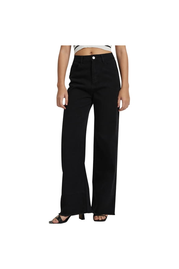 Black Straight Jeans for Women High Waisted Denim Pants Ripped Jeans Casual Loose Full Length Wide Leg Jeans Button Closure Washed Regular Straight Jeans BlackM