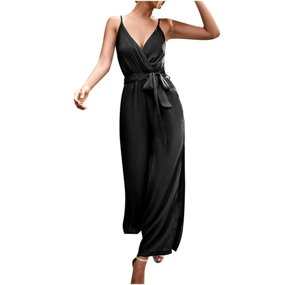 Bigersell Blue Jumpsuits for Women Fashion Women's Casual Solid Color Sleeveless Suspenders V Neck Split Jumpsuit Ladies Skinny Pants High Waist