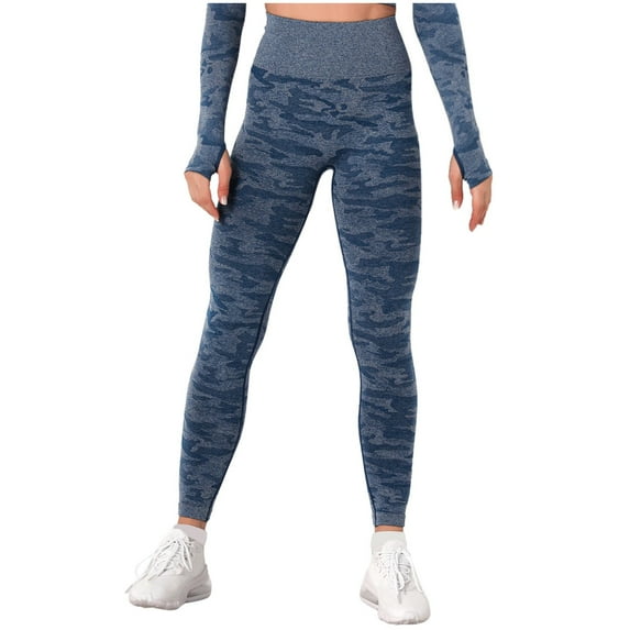 Bigersell Blue Yoga Pants for Women Yoga Full Length Pants Camouflage High Waist Hip Tights Quick-Drying Stretch Seamless Yoga Pants Yoga Pants with Elastic Waist for Ladies