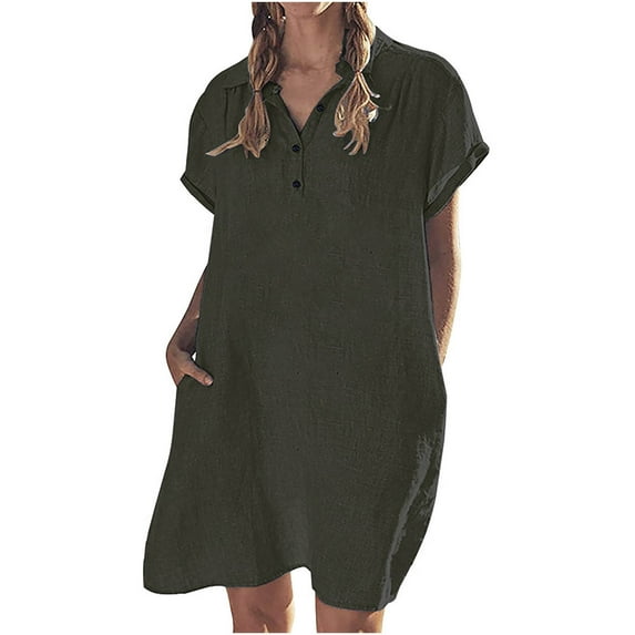Bigersell Boho Dresses for Women Fashion Casual Cotton and Linen Short Sleeve Lapel Button Solid Color Dress Formal Dresses for Female Short Women A-Line Dresses, Style 24948, Green XL