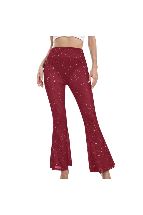 Bootcut Pants for Women Full Length Women's Casual Ladies Mesh Sheer Solid Color Elastic Flared Pants Ladies Modern Straight Overall Jeans