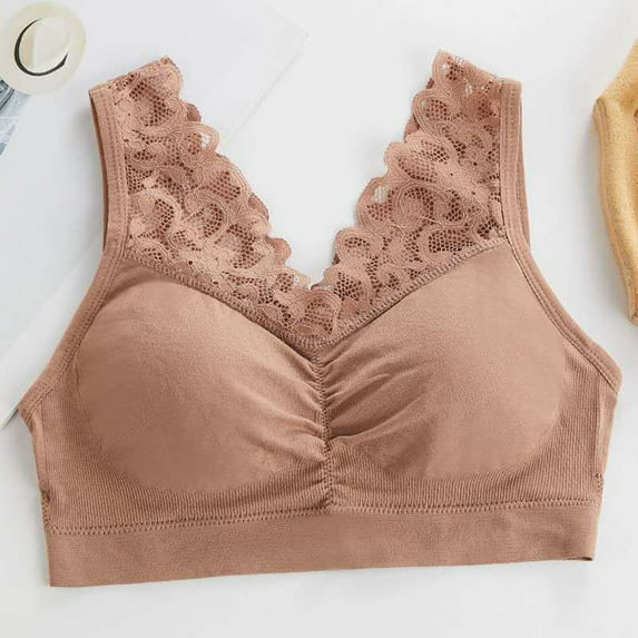 Bigersell Bras for Older Women Lace Wireless Bralette Pullover Bras with Removable Cup Ladies V-Neck Push-up Full-Coverage Pull On Bras Padded Bralettes Womens Sports Bras Coffee One Size
