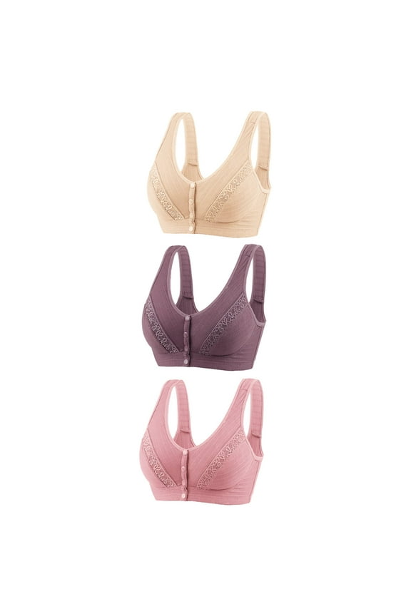 Bras for Women No Underwire 3pc Front Snap Closure V-Neck Wire-Free Bra Support T-Shirt Bras Nursing Bra Style R-132 Basic Bra Strap Nylon Full-Coverage Everyday Bras Underwear Pink XXL