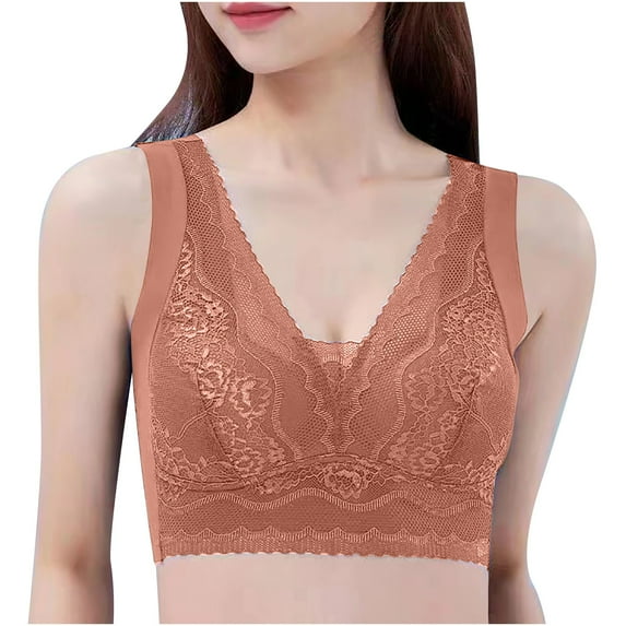 Bigersell Bras for Women No Underwire Clearance Sports Bras for Women High Support Large Bust Molded Bra Style R1589 V-Neck Lightly Lined Bras Hook and Eye Bra Closure Women Bralette Tops Coffee 3XL