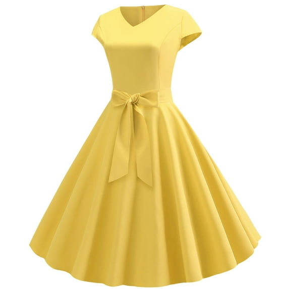 Bigersell Bridesmaid Dresses Clearance Female V-Neck Short Sleeve Knee Length Cocktail Dress Style D-94 Dresses Ladies 2024 Party Regular Summer Dresses , Yellow L