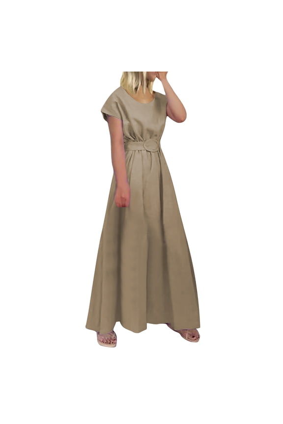 Business Casual Dress for Women Summer Fashion Round Neck Short Sleeve Solid Color Swing Belt Plus Size Dress Female Midi Dresses Women Fit & Flare Dresses, Style 4737, Khaki S