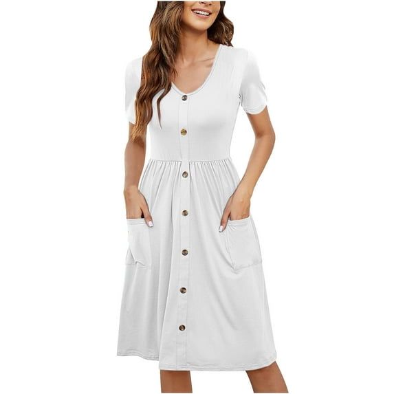 Bigersell Button-Down Dress for Women Summer Female Button-Donw Short Sleeve Knee Length Fitted & Flare Dress Style D-68 Going Out Dresses Ladies Regular Summer Dresses , White XXL