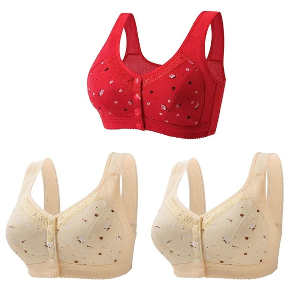 Bigersell Button Front Bra 3pcs Wire-Free Bra Style R-5 Breathable Support Bras Pack R-5-red