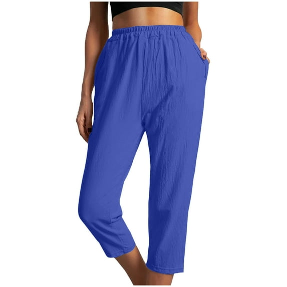 Bigersell Capris Joggers for Women Women Casual Solid Color Pockets Elastic Waist Comfortable Straight Calf-Length Pants Blue m