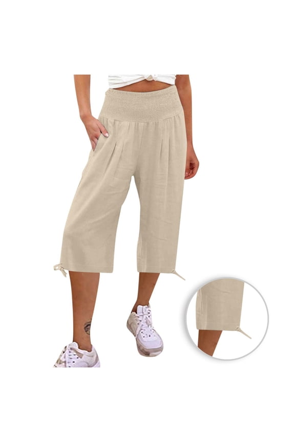 Capris Pants with Pockets for Women Women's Loose Shrink Wide Leg Pants High Waisted Straight Pants Beige xl
