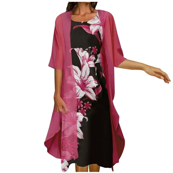 Bigersell Cardigan Dress Sets Women 2 Piece Outfits Floral Printed Sleeveless Round Neck Mini Dresses with Jacket 3/4 Sleeve Open Front Cardigan Set Wedding Guest Formal Dresses Style A8, Red, L