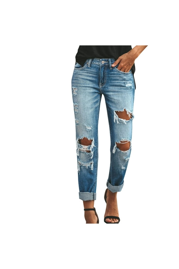 Cargo Jeans Jeggings Clearance Denim Jeans Ladies Capris Denim Pants Button Closure Washed Ripped Low Waisted Jeans Female Fitted Mid Waist Long Pants Style J-153 Blue L