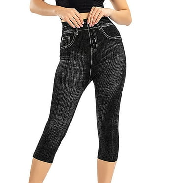 Bigersell Cargo Pants Women Women's Tight Fit Imitation Denim Printing Bottom Pants High Elastic Pencil Pants Capris Black one size