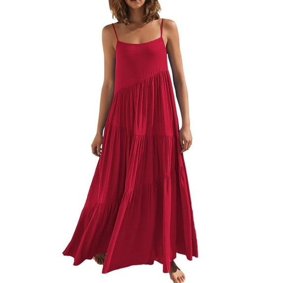 Bigersell Casual Dresses for Women Summer Casual Loose Dress Strap Beach Long Maxi Summer Dresses for Women Regular Slip Dress Style 1903, Female Asymmetrical Dresses Red M