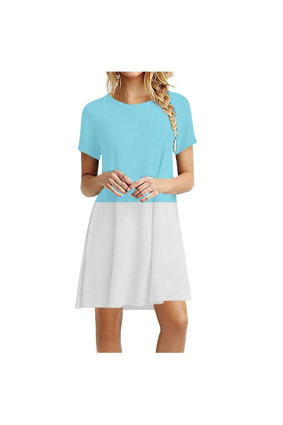 Casual Dresses for Women Summer Short Sleeve Round Neck Mini Dress Fashion Color Block Printed Mini Short T-Shirt Dresses Swing A-Line Beach Sundresses, Light Blue 4XL