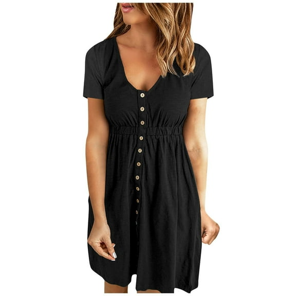 Bigersell Casual Dresses Women's Fashion Casual Comfortable Solid Short Sleeve Round Neck Button Knee Length Dress Female Knee Lenght Dress Women's Plus Slip Dress Dresses, Style 24595, Black L