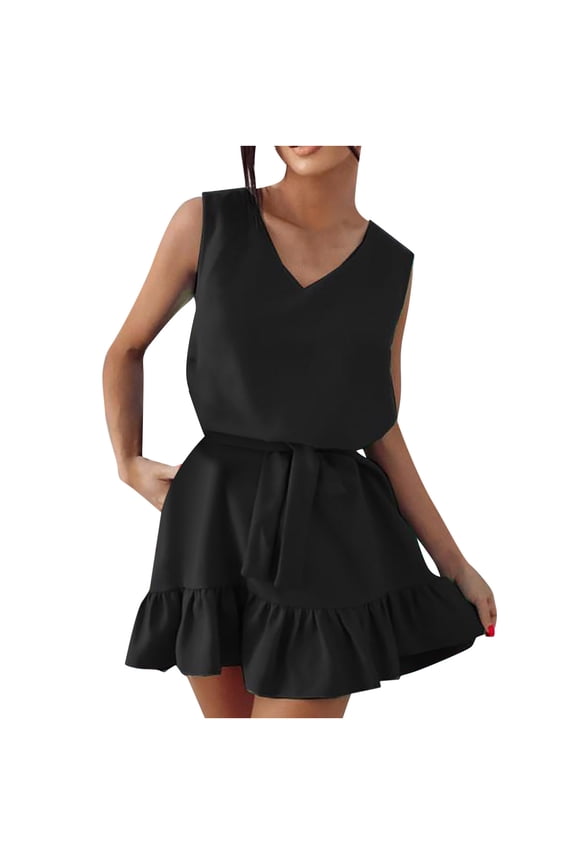 Casual Summer Dresses for Women Summer Women Summer V-Neck Ruffles Sleeveless Elastic Waist Dress with Blet Women's Plus Faux-Wrap Dress Style 10728, Female Mid-Length Dresses Black XL