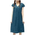 thumbnail image 1 of Bigersell Cocktail Dress for Women Fashion Women Summer Casual V-Neck Solid Short Sleeve Cotton Linen Dress Lace Dress for Female Women's Plus Slip Dress Dresses, Style 20383, Blue S, 1 of 8