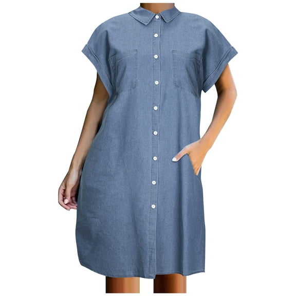 Bigersell Cocktail Dress Women's Summer Short Sleeve Loose Casual Solid Color Single Breasted Denim Dress Corset Dress Women Boho Dresses, Style 26115, Blue S