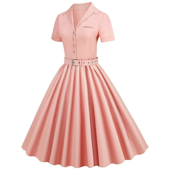 Bigersell Cocktail Dresses Fashion Women Summer Retro Casual Pullover Solid Color Short Sleeve Dress Wedding Dress Women's Plus Faux-Wrap Dresses, Style 22078, Pink L