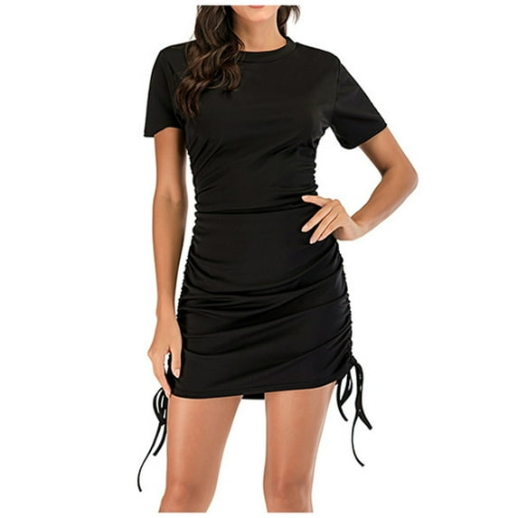 Bigersell Cocktail Dresses for Women Evening Party Women's Round Neck Short Sleeve Mini Dress Solid Color Drawstring Pleated Dress Prom Dresses for Female Women Skater Dresses, Style 37056, Black M