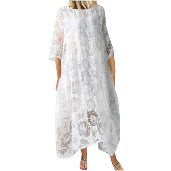 Bigersell Cocktail Dresses for Women Evening Party Women's Summer Short Sleeve Casual Solid Color Mid Sleeve Splicing Mesh Mid Length Dress Women Shirt Dress Dresses, Style 12966, White XXL